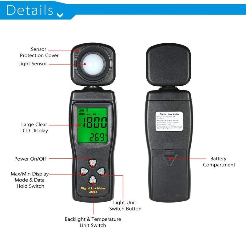 Cheffort Digital Lux Meter, Illuminometer, Photometer, 0ï½ž200,000 Lux Measure Range, Lux/FC Unit Selection for Homes, Agriculture, Warehouses, Farms, Stage, Stadiums - Image 2